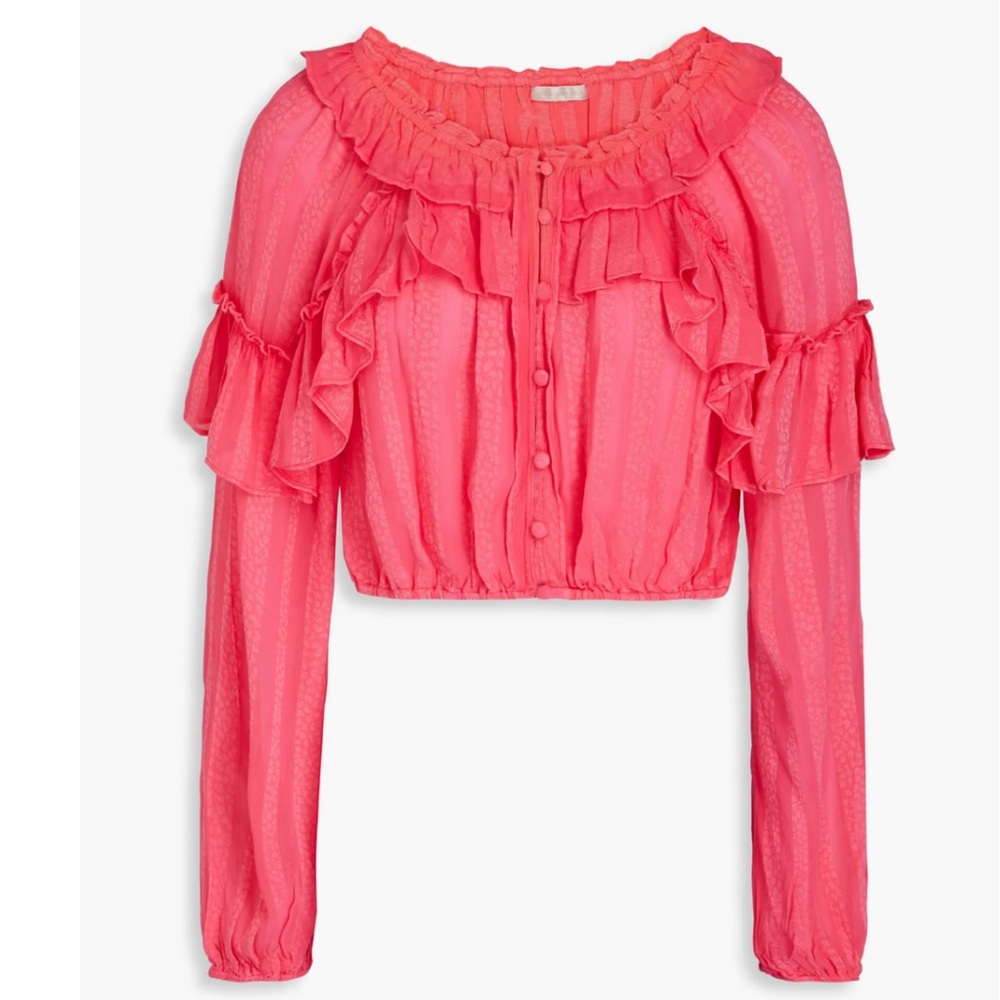 LoveShackFancy NWT watermelon pink Ruffle Crop Top Blouse Long Sleeve Boho L